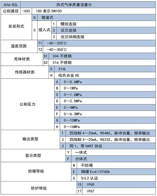 DN40熱式氣體質(zhì)量流量計(jì)選項(xiàng)表